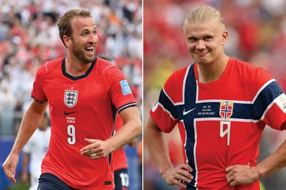 Angela WEISS and Odd ANDERSEN / AFP (COMBO) This combination of pictures created on July 10, 2026, shows England's forward #09 Harry Kane at the New York/New Jersey Stadium in East Rutherford on June 27, 2026; and Norway's forward #09 Erling Braut Haaland at the New York/New Jersey Stadium in East Rutherford on July 5, 2026. Norway and England will meet in a 2026 World Cup football tournament quarter-final match in Miami on July 11, 2026. (Photo by Angela WEISS and Odd ANDERSEN / AFP)Editoria: SPOLocal: East RutherfordIndexador: ANGELA WEISSSecao: soccerFonte: AFPFotógrafo: STF<!-- NICAID(16325311) -->