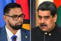 (COMBO) This combination of file pictures created on December 12, 2023 shows Guyana's President Irfaan Ali (L) speaking during a joint press conference with US Secretary of State Antony Blinken (out of frame) in Georgetown, on July 6, 2023, and Venezuela's President Nicolas Maduro speaking during a meeting with his Guinea-Bissau counterpart Umaro Sissoco Embalo (out of frame) at Miraflores Presidential Palace in Caracas, on November 2, 2022. Venezuelan President Nicolas Maduro and his Guyanese counterpart, Irfaan Ali, will meet in Saint Vincent and the Grenadines on December 14, 2023, on their countries' growing dispute over the oil-rich region of Essequibo, amid mounting international warnings against escalating the row. The meeting was called under the auspices of the Community of Latin American and Caribbean States (CELAC) and the Caribbean Community (CARICOM). (Photo by Keno GEORGE and Federico PARRA / AFP)<!-- NICAID(15624162) -->