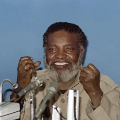 (FILES) The President of Namibian SWAPO Sam Nujoma gestures during a press conference at Addis Ababa on July 7, 1990. Sam Nujoma, the guerrilla leader who became Namibia's first president after it won independence from South Africa in 1990, died aged 95 on February 9, 2025, the Namibian presidency said in a post on Facebook. (Photo by ALEXANDER JOE / AFP)<!-- NICAID(15975831) -->