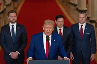 US President Donald Trump addresses the nation, alongside US Vice President JD Vance (L), US Secretary of State Marco Rubio (2nd R) and US Secretary of Defense Pete Hegseth (R), from the White House in Washington, DC on June 21, 2025, following the announcement that the US bombed nuclear sites in Iran. President Donald Trump said June 21, 2025 the US military has carried out a "very successful attack" on three Iranian nuclear sites, including the underground uranium enrichment facility at Fordo. "We have completed our very successful attack on the three Nuclear sites in Iran, including Fordow, Natanz, and Esfahan," Trump said in a post on his Truth Social platform. (Photo by CARLOS BARRIA / POOL / AFP)<!-- NICAID(16064897) -->