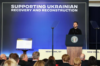 NEW YORK, NEW YORK - SEPTEMBER 25: Volodymyr Zelensky, President of Ukraine, speaks during an event with world leaders on September 25, 2024 in New York City. Biden along with the President of Ukraine Volodymyr Zelensky, met with various world leaders on the sidelines of the 79th United Nations General Assembly (UNGA) as they launched a joint Declaration of Support for Ukrainian Recovery and Reconstruction. In his final UNGA address as president, Biden called for continued support to help Ukraine win its war against Russia.   Michael M. Santiago/Getty Images/AFP (Photo by Michael M. Santiago / GETTY IMAGES NORTH AMERICA / Getty Images via AFP)<!-- NICAID(15876291) -->