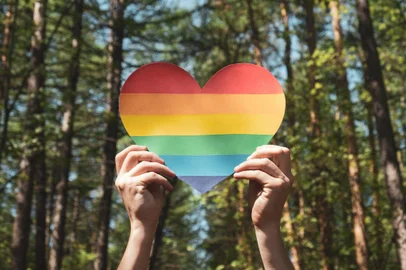 Man hands hold heart in colors of rainbow in the forest against the sky. LGBT rights, Pride month, love and unity with nature concept. Close upFonte: 432786647<!-- NICAID(15163848) -->