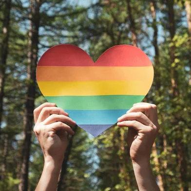 Man hands hold heart in colors of rainbow in the forest against the sky. LGBT rights, Pride month, love and unity with nature concept. Close upFonte: 432786647<!-- NICAID(15163848) -->