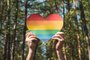 Man hands hold heart in colors of rainbow in the forest against the sky. LGBT rights, Pride month, love and unity with nature concept. Close upFonte: 432786647<!-- NICAID(15163848) -->