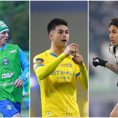 Natanael, lateral do Coritiba, Pity Martínez, meia do Al Nassr, e Kaio Jorge, centroavante da Juventus