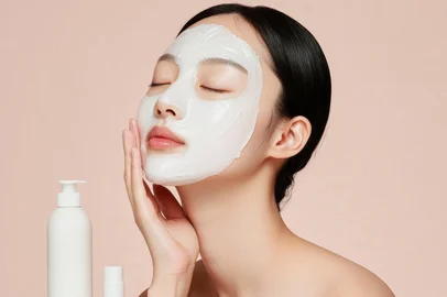 Minimalist K-Beauty Skincare Ritual Hydrating Sheet Mask with Soft Touch Bottles on Pastel Backdrop - Elevating Contemporary Beauty and Wellness Marketing.<!-- NICAID(16190045) -->