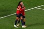 Spain's forward #18 Salma Paralluelo (L) celebrates with her teammate midfielder #06 Aitana Bonmati after scoring her team's first goal during the Australia and New Zealand 2023 Women's World Cup semi-final football match between Spain and Sweden at Eden Park in Auckland on August 15, 2023. (Photo by Saeed KHAN / AFP)<!-- NICAID(15510418) -->