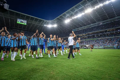RS - FUTEBOL/GAUCHAO 2024 /GREMIO X JUVENTUDE - ESPORTES - Lance da partida entre Gremio e Juventude disputada na tarde deste sabado, na Arena do Gremio, valida pela grande final do Campeonato Gaucho 2024. FOTO: LUCAS UEBEL/GREMIO FBPA