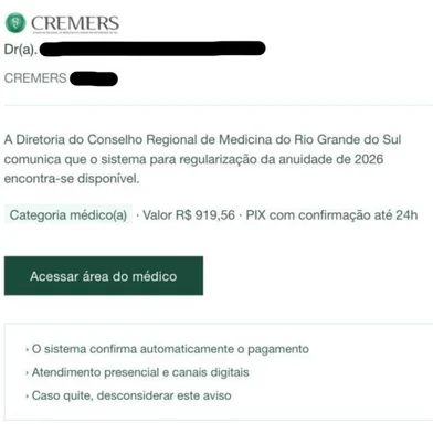 Print mostra tentativa de golpe do falso boleto envolvendo o Cremers<!-- NICAID(16237168) -->