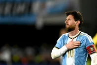 Argentina's forward #10 Lionel Messi celebrates scoring his team's third goal with teammates during the international friendly football match between Argentina and Benin at the Mas Monumental stadium in Buenos Aires on October 6, 2026. (Photo by Luis ROBAYO / AFP)<!-- NICAID(16381881) -->