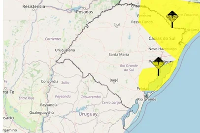 O Instituto Nacional de Meteorologia (Inmet) alerta para "perigo potencial" de chuva intensa e tempestade em diversas áreas do Rio Grande do Sul até a noite desta segunda-feira. Dois comunicados distintos, ambos com grau de severidade amarelo, foram emitidos pela instituição.<!-- NICAID(15997278) -->