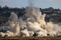 This photograph taken from the southern Lebanese village of al-Haniyya shows smoke as it rises from the site of an Israeli airstrike that targeted the village of al-Mansouri on September 10, 2026. (Photo by Kawnat HAJU / AFP) / <!-- NICAID(16363453) -->