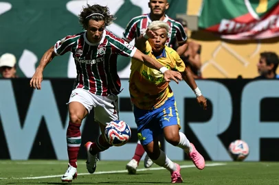 Fluminense's Uruguayan midfielder #17 Agustin Canobbio AND Sundowns' Chilean forward #11 Marcelo Allende fight for the ball during the FIFA Club World Cup 2025 Group F football match between South Africa's Mamelodi Sundowns and Brazil's Fluminense at the Hard Rock stadium in Miami on June 25, 2025. (Photo by CHANDAN KHANNA / AFP)<!-- NICAID(16067287) -->