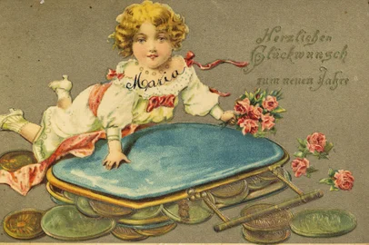 Artefatos do Sul: legados da Imigração Alemã e Italiana - exposição no Farol Santander Porto Alegre.Imagem de uma antiga lembrança de aniversário, em alemão.<!-- NICAID(15721789) -->