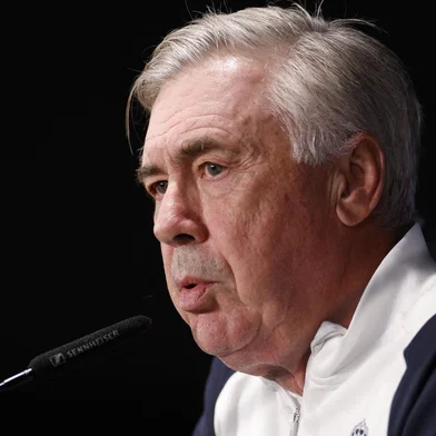 Real Madrid's Italian coach Carlo Ancelotti attends a press conference in Berlin on December 11, 2023, on the eve of the UEFA Champions League Group C match Union Berlin vs Real Madrid CF. (Photo by Odd ANDERSEN / AFP)Editoria: SPOLocal: BerlinIndexador: ODD ANDERSENSecao: soccerFonte: AFPFotógrafo: STR<!-- NICAID(15623646) -->