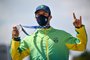 Silver medallist Brazil's Kelvin Hoefler poses on the podium at the end of the men's street prelims during the Tokyo 2020 Olympic Games at Ariake Sports Park Skateboarding in Tokyo on July 25, 2021. (Photo by Jeff PACHOUD / AFP)<!-- NICAID(14844073) -->