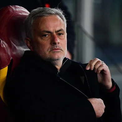 (FILES) In this file photo taken on February 23, 2023 AS Roma's Portuguese coach Jose Mourinho looks on prior to the UEFA Europa League play off second leg football match between AS Roma and RB Salzburg at the Olympic stadium in Rome. - Jose Mourinho will miss the derby against Lazio Rome on March 19, 2023,  serving his second match suspension. (Photo by Filippo MONTEFORTE / AFP)<!-- NICAID(15383952) -->