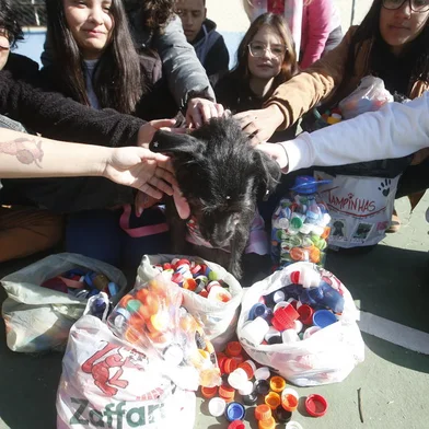 Alvorada, RS, BRASIL, 17/07/2023- Alunos da Escola Antônio de Castro Alves, em Alvorada, se uniram para juntar tampinhas de garrafas pets. O dinheiro arrecadado com a venda do material é destinado para financiar a castração de animais de rua. Foto: Lauro Alves  / Agencia RBS<!-- NICAID(15484463) -->