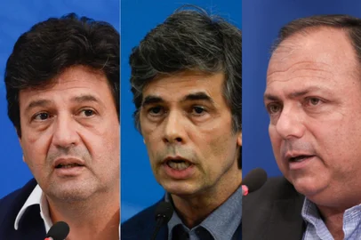 Ex-ministros da saúde, Luiz Henrique Mandetta e Nelson Teich, e atual chefe da pasta, Eduardo Pazuello.<!-- NICAID(14735284) -->