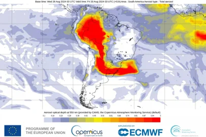 Modelo Europeu CAMS do sistema Copernicus mostra percurso da fumaça do Norte para o Sul do Brasil<!-- NICAID(15852589) -->