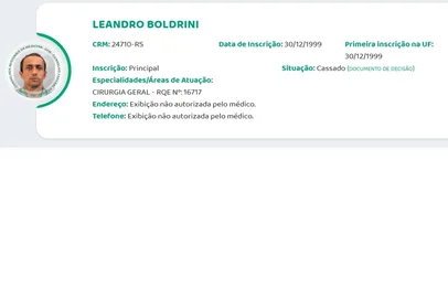 Desde às 9h08min desta sexta-feira (14), o médico Leandro Boldrini está, oficialmente, proibido de atuar em hospitais, clínicas ou consultórios.Foi neste horário que o Conselho Federal de Medicina (CFM) tonou pública, com publicação em seu site, a decisão do julgamento ocorrido dia 11, no qual, por unanimidade, Boldrini teve cassado o direito de exercer a medicina e cancelado o registro profissional. <!-- NICAID(15976536) -->
