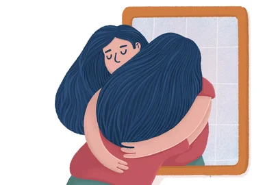 Woman hugging her reflection, self acceptanceAbraço, reflexo, espelho, auto-aceitação. Foto- big_and_serious / stock.adobe.comFonte: 329025203<!-- NICAID(14530918) -->