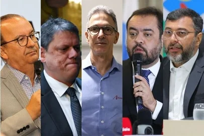 Montagem Jorginho Mello, Tarcísio de Freitas, Romeu Zema, Cláudio Castro e Wilson Lima