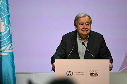UN Secretary General Antonio Guterres looks on during a press conference at the COP30 UN Climate Change Conference in Belem, Para State, Brazil on November 20, 2025. Brazilian President Luiz Inacio Lula da Silva put his "roadmap" from fossil fuels back at the top of UN climate talks in Belem on Wednesday, despite the failure of a bold bid to seal an early deal. (Photo by Pablo PORCIUNCULA / AFP)<!-- NICAID(16171349) -->