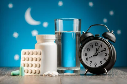 Earplugs, pills and clock against starry sky. No more sleepless nights, medical aids and bedtime accessories.<!-- NICAID(16344536) -->