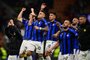 Inter Milan's Argentinian forward Lautaro Martinez (C) and teammates acknowledge the public at the end of the UEFA Champions League semi-final first leg football match between AC Milan and Inter Milan, on May 10, 2023 at the San Siro stadium in Milan. (Photo by Marco BERTORELLO / AFP)<!-- NICAID(15429905) -->
