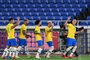 Brazil's forward Richarlison (R) celebrates with teammates after opening the scoring during the Tokyo 2020 Olympic Games men's group D first round football match between Brazil and Germany at the Yokohama International Stadium in Yokohama on July 22, (Photo by DANIEL LEAL-OLIVAS / AFP)Editoria: SPOLocal: YokohamaIndexador: DANIEL LEAL-OLIVASSecao: soccerFonte: AFPFotógrafo: STF<!-- NICAID(14841364) -->
