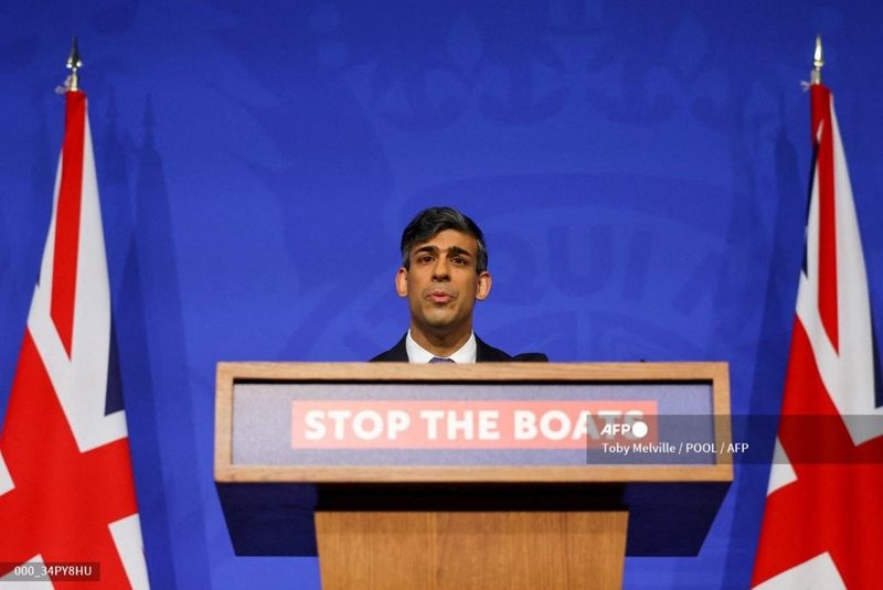 Britain's Prime Minister Rishi Sunak speaks during a press conference, at the Downing Street Briefing Room, in central London, on April 22, 2024 regarding the Britain and Rwanda treaty to transfer illegal migrants to the African country. Rishi Sunak promised on April 22, 2024 that deportation flights of asylum seekers to Rwanda will begin in "10 to 12 weeks", as the plan entered its final stage in parliament. (Photo by Toby Melville / POOL / AFP)<!-- NICAID(15741951) -->