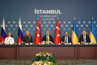  of Turkish delegation, (from 2nd L) Chief of Turkish General Staff General Metin Gürak, Turkish Foreign Minister Hakan Fidan, head of Turkish Intelligence Ibrahim Kalin, Turkish ambassador of Russian Mehmet Samsar, attend the second meeting with Russia and Ukraine delegations at the Ciragan Palace, in Istanbul, on June 2, 2025 shows Ukrainian and Russian delegations have begun a second round of peace talks in Istanbul, where they are set to exchange plans for how they want to end the three-year war.