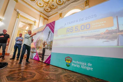 Durante coletiva de imprensa realizada na manhã desta sexta-feira (21), no Salão Nobre do Paço Municipal, o prefeito Sebastião Melo anunciou o novo valor da tarifa do transporte público da capital. Foto: Alex Rocha/PMPA/DivulgaçãoIndexador: Alex Rocha<!-- NICAID(16000358) -->