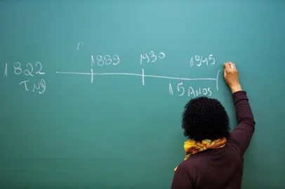 PORTO ALEGRE, RS, BRASIL, 27-09-2013: Claudia Helena da Silva Duarte, 51 anos, professora de História, dando aula sobre constituição e direitos, na Escola Estadual Eva Carminatti, Lomba do Pinheiro. Pauta especial de educação com o tema 'Por Trás da Lousa', que contará a história de quatro professores: um do município, um do estado, um federal e um particular. (Foto: Carlos Macedo/ Geral / Agência RBS)<!-- NICAID(9825431) -->