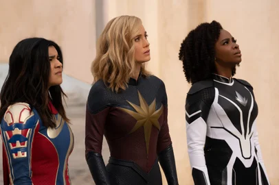 (L-R): Iman Vellani as Ms. Marvel/Kamala Khan, Brie Larson as Captain Marvel/Carol Danvers, and Teyonah Parris as Captain Monica Rambeau in Marvel Studios' THE MARVELS. Photo by Laura Radford. Â© 2023 MARVEL.<!-- NICAID(15591715) -->