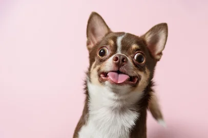 Cute brown mexican chihuahua dog with tongue out isolated on pink background. Dog looking to camera. Copy SpaceCachorro chihuahua mexicano. Foto:  Iulia / stock.adobe.comFonte: 310462902<!-- NICAID(16092505) -->