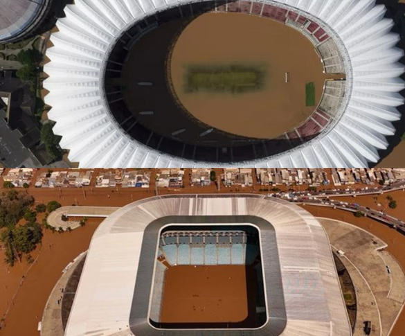 Montagem com fotos da Arena do Grêmio e Estádio Beira-Rio