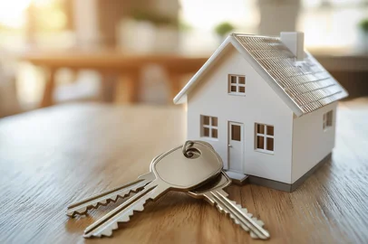 Symbolizing homeownership miniature house and keys in sunlit kitchenFonte: 1322407345<!-- NICAID(16087758) -->