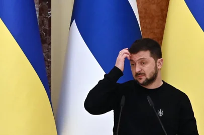 Ukrainian President Volodymyr Zelensky reacts during a joint press conference with his Finnish counterpart following their talks in Kyiv, on January 24, 2023, amid Russia's military invasion on Ukraine. (Photo by Sergei SUPINSKY / AFP)Editoria: POLLocal: KyivIndexador: SERGEI SUPINSKYSecao: diplomacyFonte: AFPFotógrafo: STF<!-- NICAID(15330522) -->