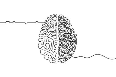 Brain chaos and orderHuman brain creativity vs logic chaos and order a continuous line drawing concept, organised vs disorganised left and right brain hemispheres as a chaos theory metaphor, one line vector illustrationFonte: 295675731<!-- NICAID(15049983) -->