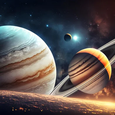 Da esquerda para a direita imagens de Júpiter e Saturno, dois dos planetas que constituem o Sistema Solar<!-- NICAID(15430419) -->