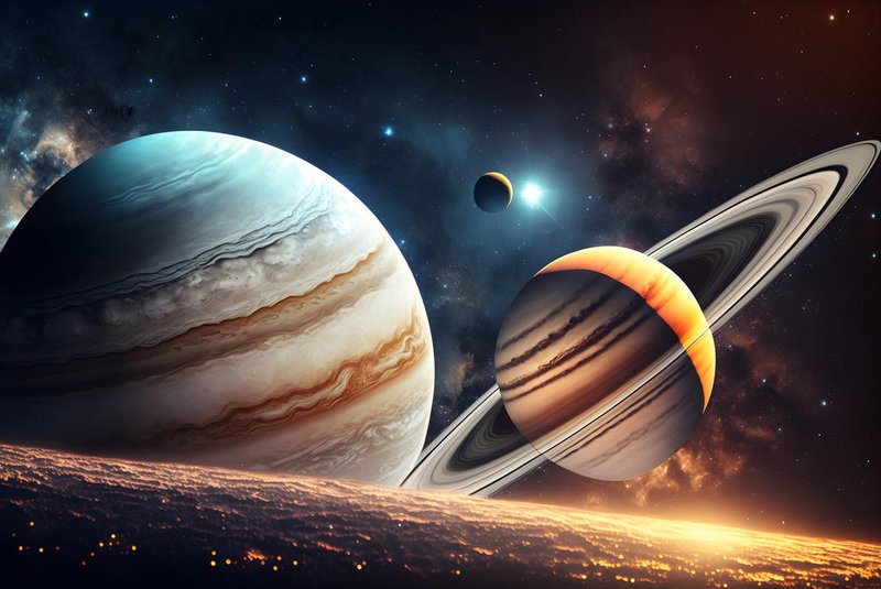 Da esquerda para a direita imagens de Júpiter e Saturno, dois dos planetas que constituem o Sistema Solar<!-- NICAID(15430419) -->