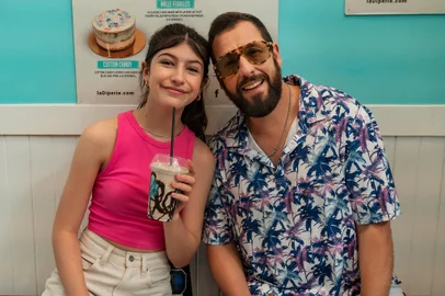 You Are SO Not Invited To My Bat Mitzvah - BTS - (L to R) Sunny Sandler as Stacy Friedman and Writer/Producer Adam Sandler as Danny Friedman on the set of You Are SO Not Invited To My Bat Mitzvah. Cr. Scott Yamano/Netflix Â© 2023.<!-- NICAID(15527039) -->