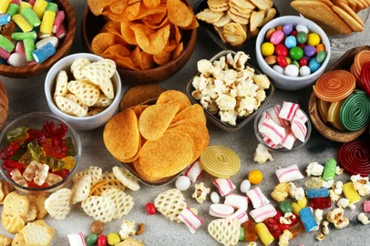Salty snacks. Pretzels, chips, crackers and candy sweets.Petiscos salgados e doces na mesa. Foto: beats_ /stock.adobe.comFonte: 294673004<!-- NICAID(15258462) -->