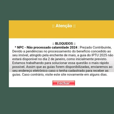 Print de tela de contribuinte que não consegue emitir guia do IPTU 2025<!-- NICAID(15975635) -->