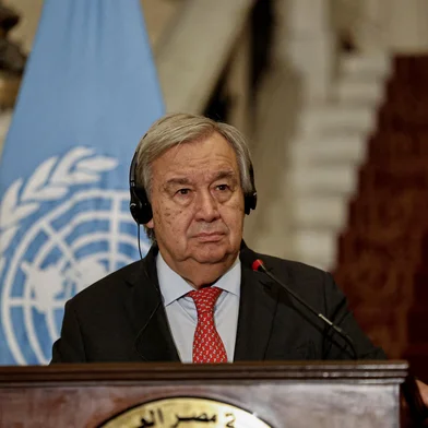 UN Secretary-General Antonio Guterres speaks during a press conference with Egypt's Foreign Minister (not pictured) following their meeting in Cairo on October 19, 2023 as Palestinians in war-torn Gaza await aid trucks promised in a deal struck by the US President with Egypt and Israel. (Photo by Khaled DESOUKI / AFP)<!-- NICAID(15577925) -->