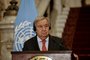 UN Secretary-General Antonio Guterres speaks during a press conference with Egypt's Foreign Minister (not pictured) following their meeting in Cairo on October 19, 2023 as Palestinians in war-torn Gaza await aid trucks promised in a deal struck by the US President with Egypt and Israel. (Photo by Khaled DESOUKI / AFP)<!-- NICAID(15577925) -->