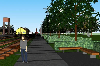 Concha acústica, praça com fonte de água e decks na rua: saiba como será a revitalização da Estação Férrea, em Caxias. Na foto, passeio interno, com a arborização<!-- NICAID(15153302) -->