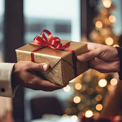 Person hand giving the gift with blur background Fonte: 631103170<!-- NICAID(15610600) -->